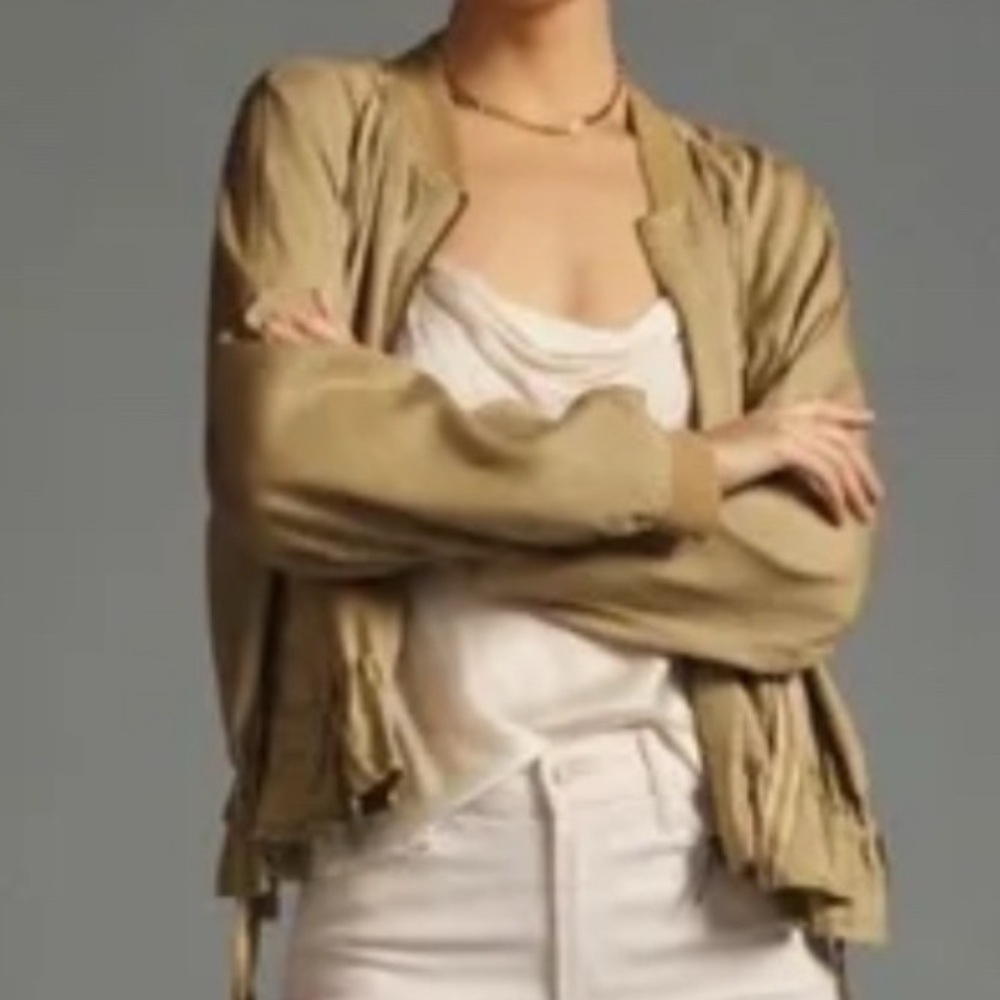 Anthropologie Jacket Womens Ruffled Bomber Tan Zip Up Medium